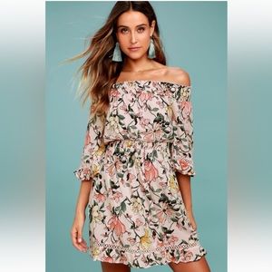 Lulu’s Hello, Darling Blush Pink Off-the-Shoulder Floral Print Dress